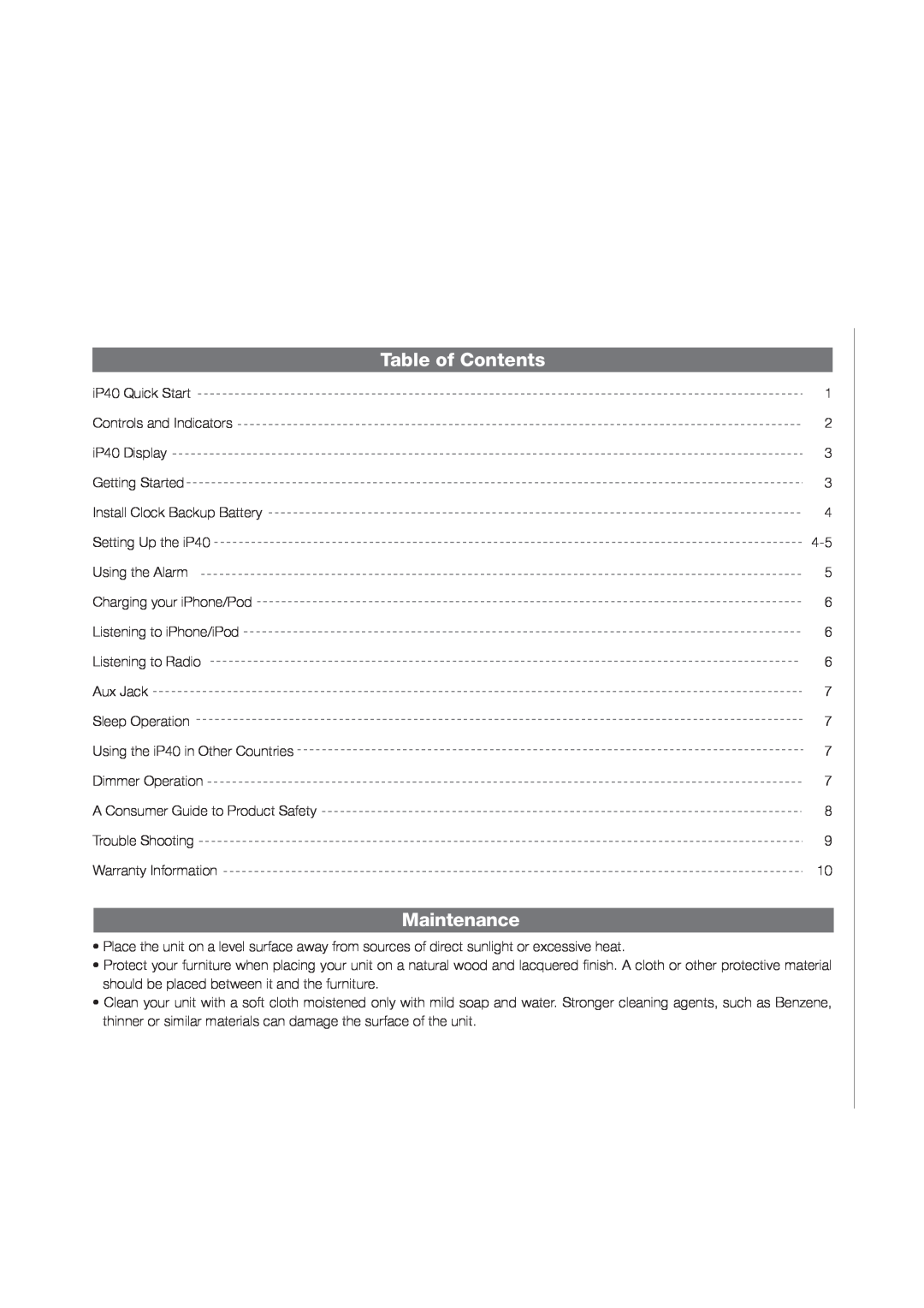 iHome iP40 manual Table of Contents, Maintenance 