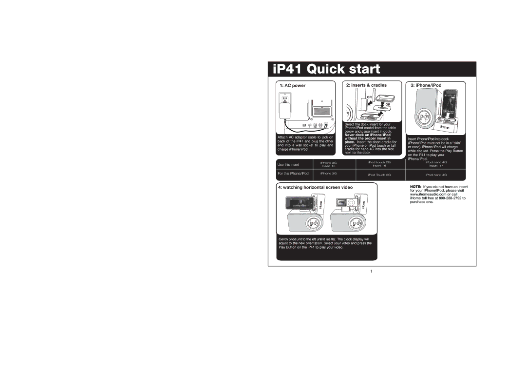 iHome iP41 warranty AC power Inserts & cradles IPhone/iPod, Watching horizontal screen video 