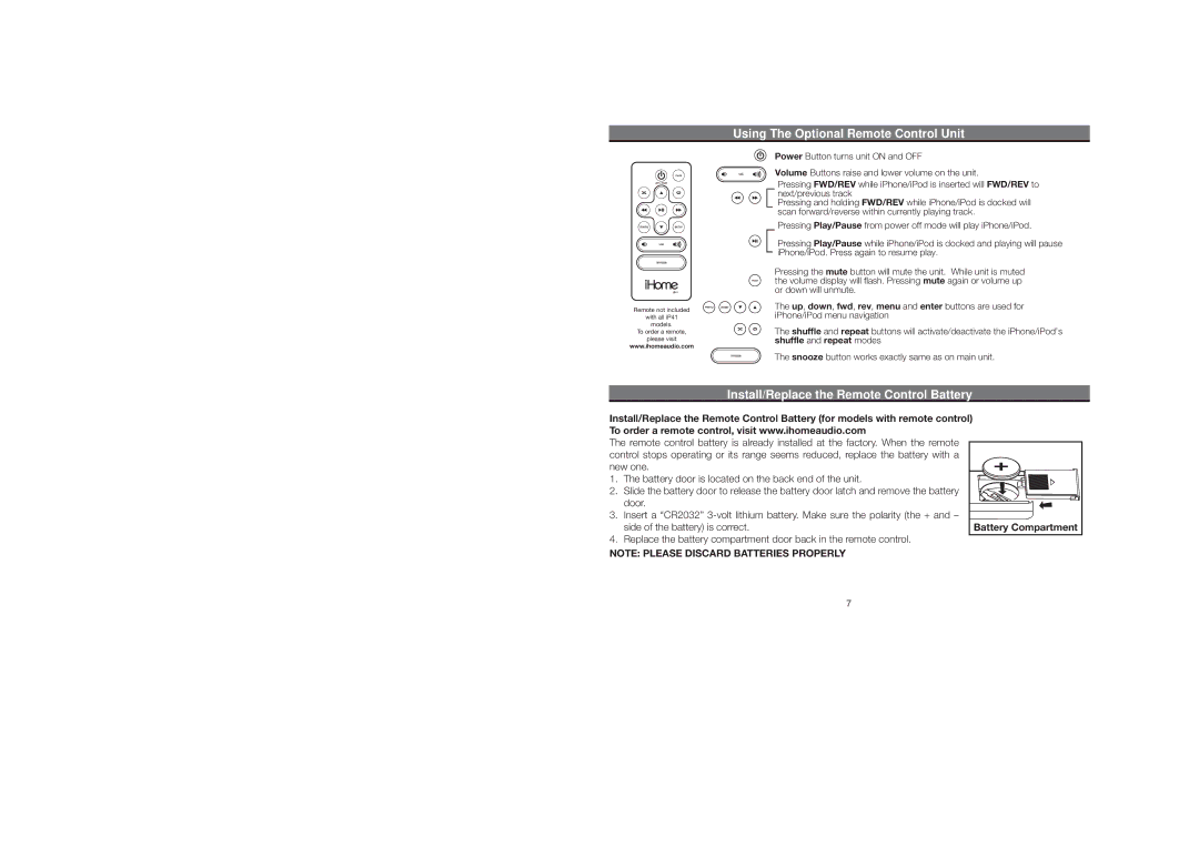 iHome iP41 warranty Using The Optional Remote Control Unit, Install/Replace the Remote Control Battery, Battery Compartment 