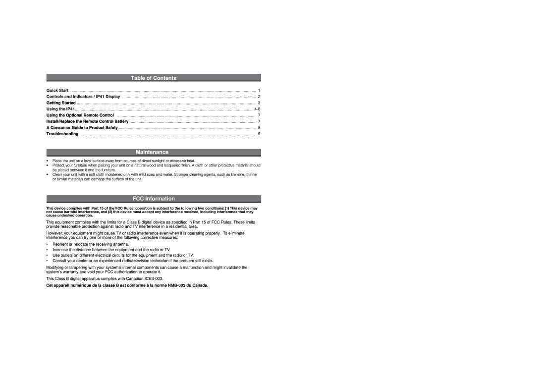 iHome iP41 warranty Table of Contents, Maintenance, FCC Information 