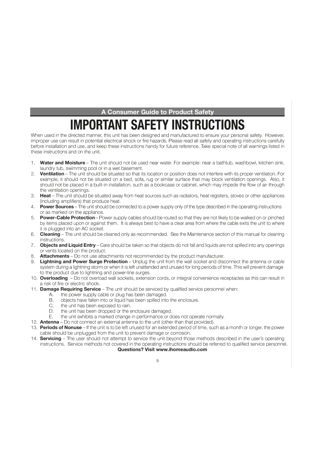 iHome IP43 manual Consumer Guide to Product Safety 