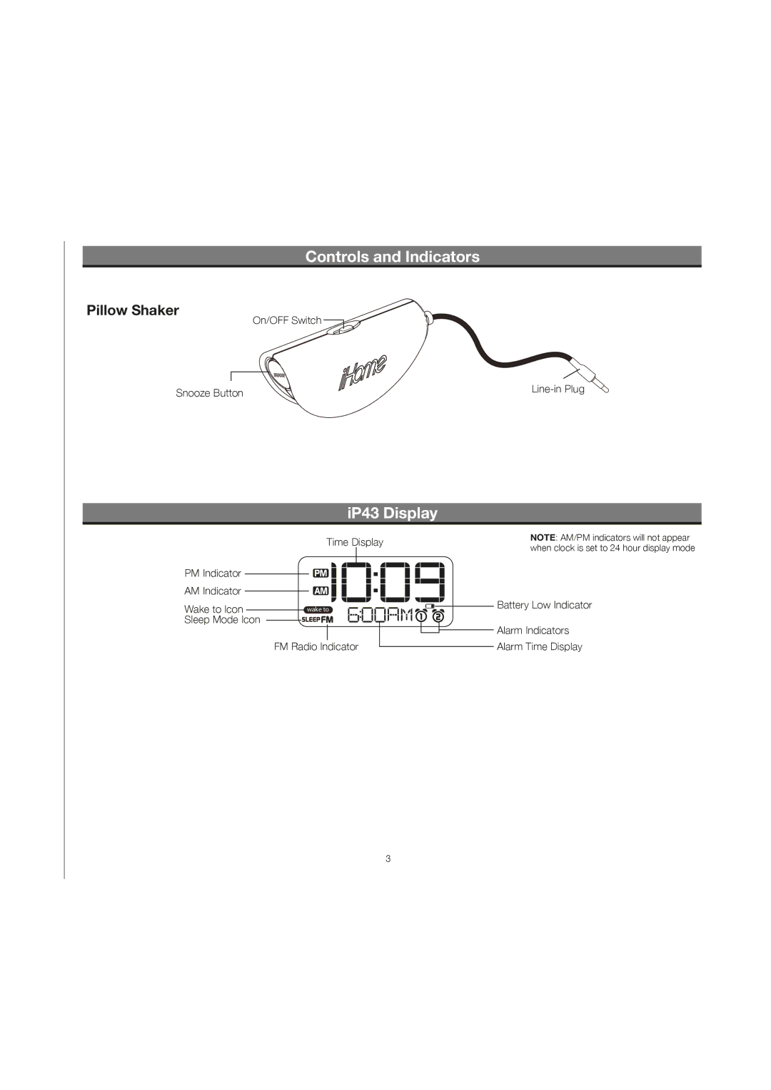 iHome manual IP43 Display, Pillow Shaker 