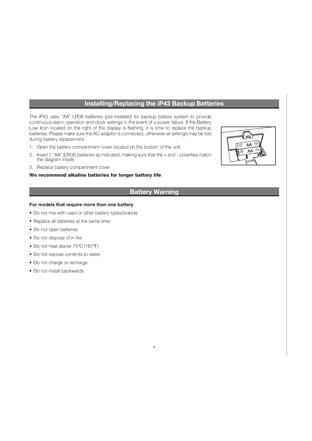 iHome IP43 Installing/Replacing the iP43 Backup Batteries, Battery Warning, For models that require more than one battery 