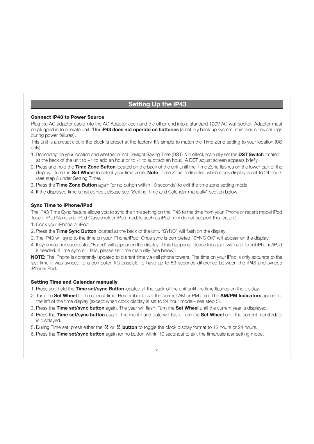 iHome IP43 Setting Up the iP43, Connect iP43 to Power Source, Sync Time to iPhone/iPod, Setting Time and Calendar manually 