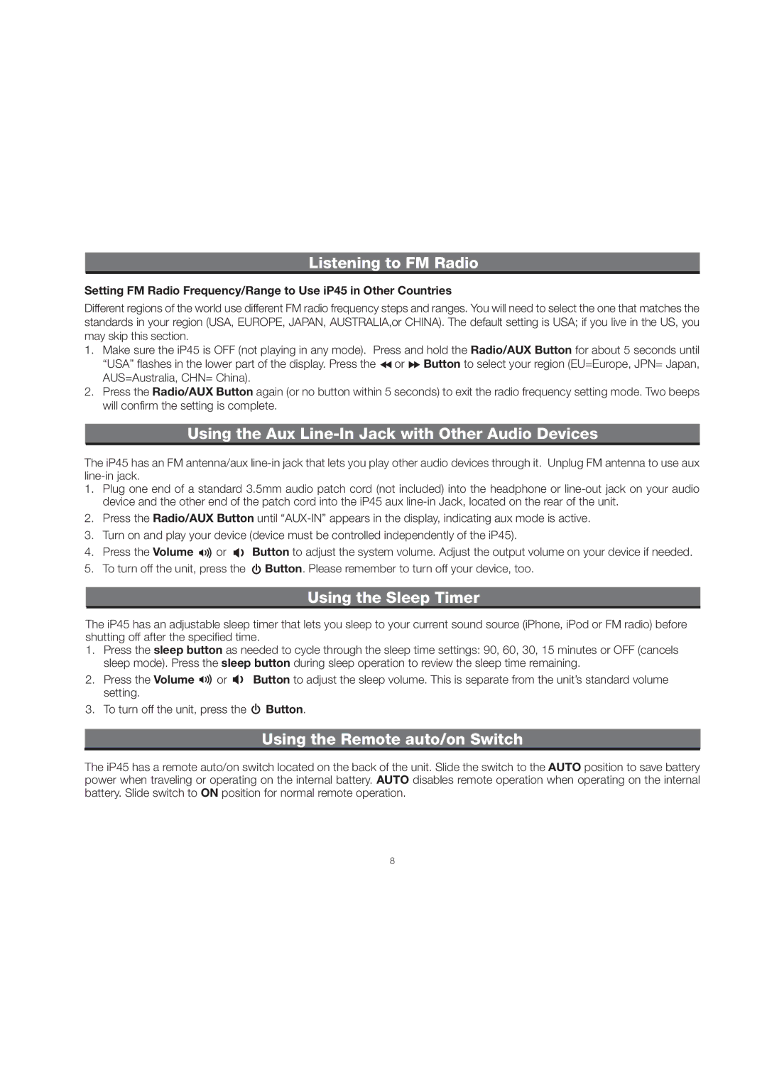 iHome IP45 Using the Aux Line-In Jack with Other Audio Devices, Using the Sleep Timer, Using the Remote auto/on Switch 