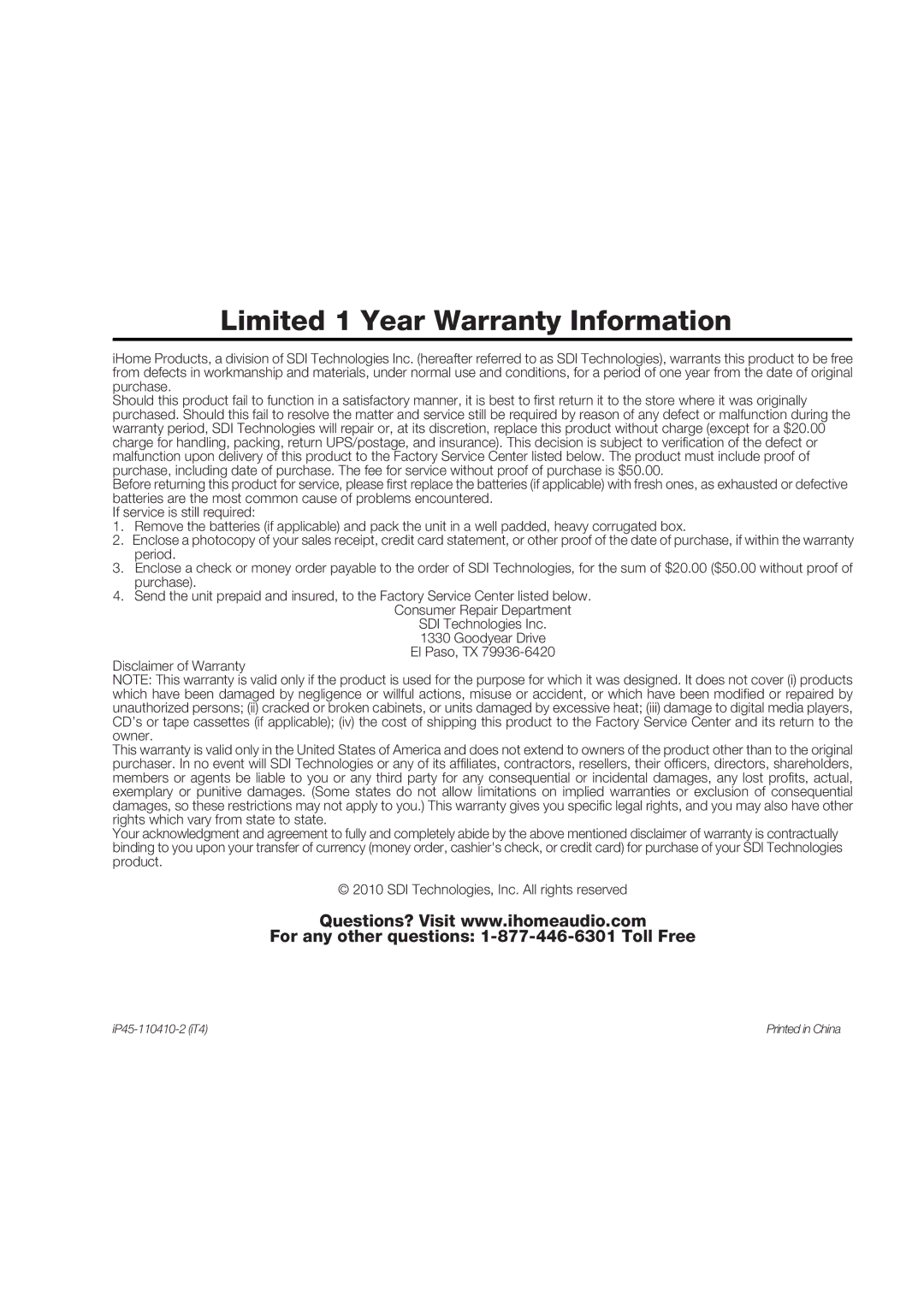 iHome IP45 manual Limited 1 Year Warranty Information 