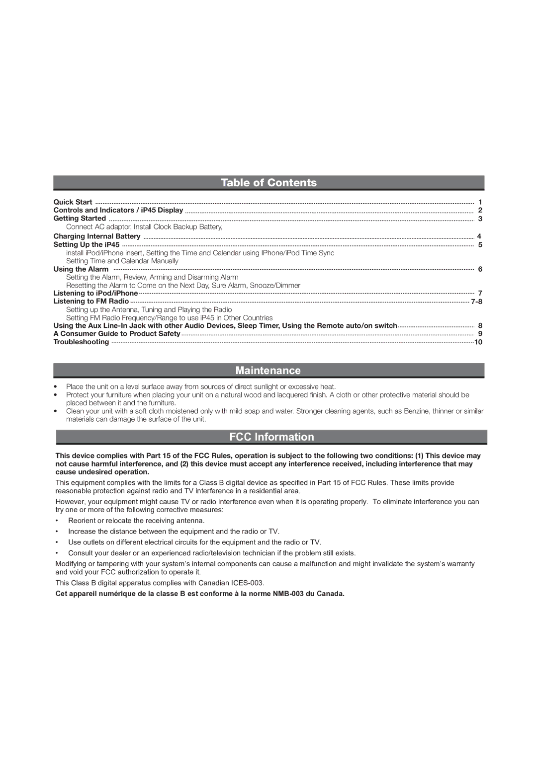 iHome IP45 manual Table of Contents, Maintenance, FCC Information 