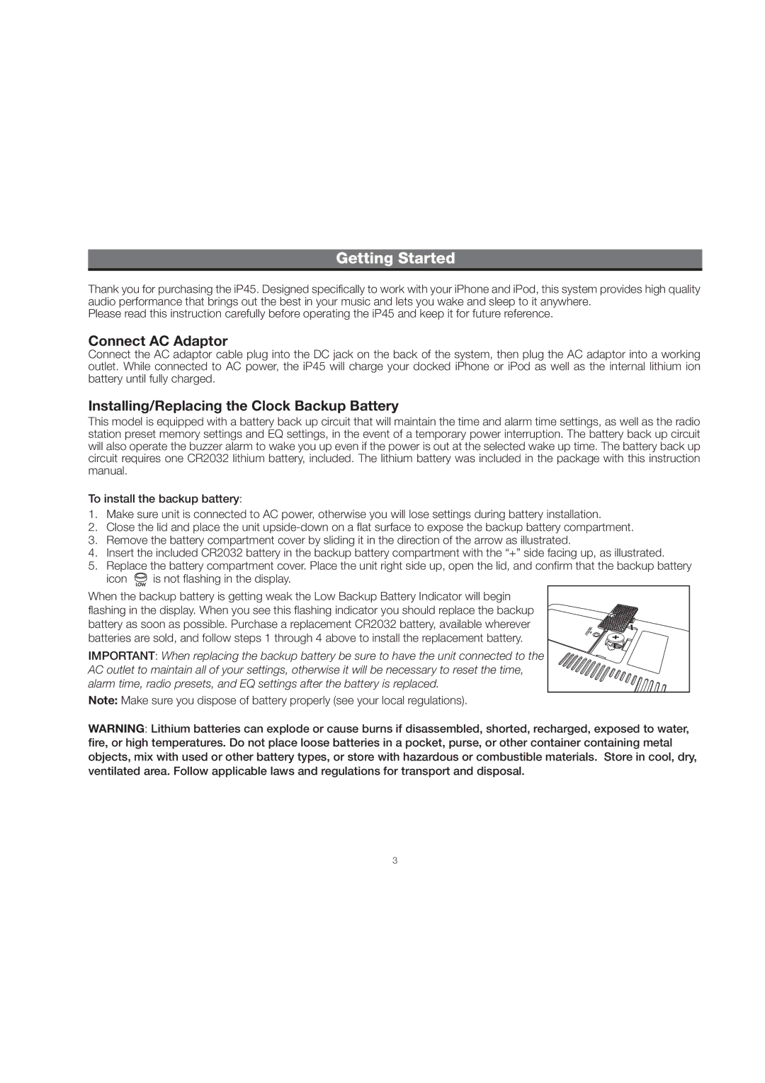 iHome IP45 manual Getting Started, Connect AC Adaptor 