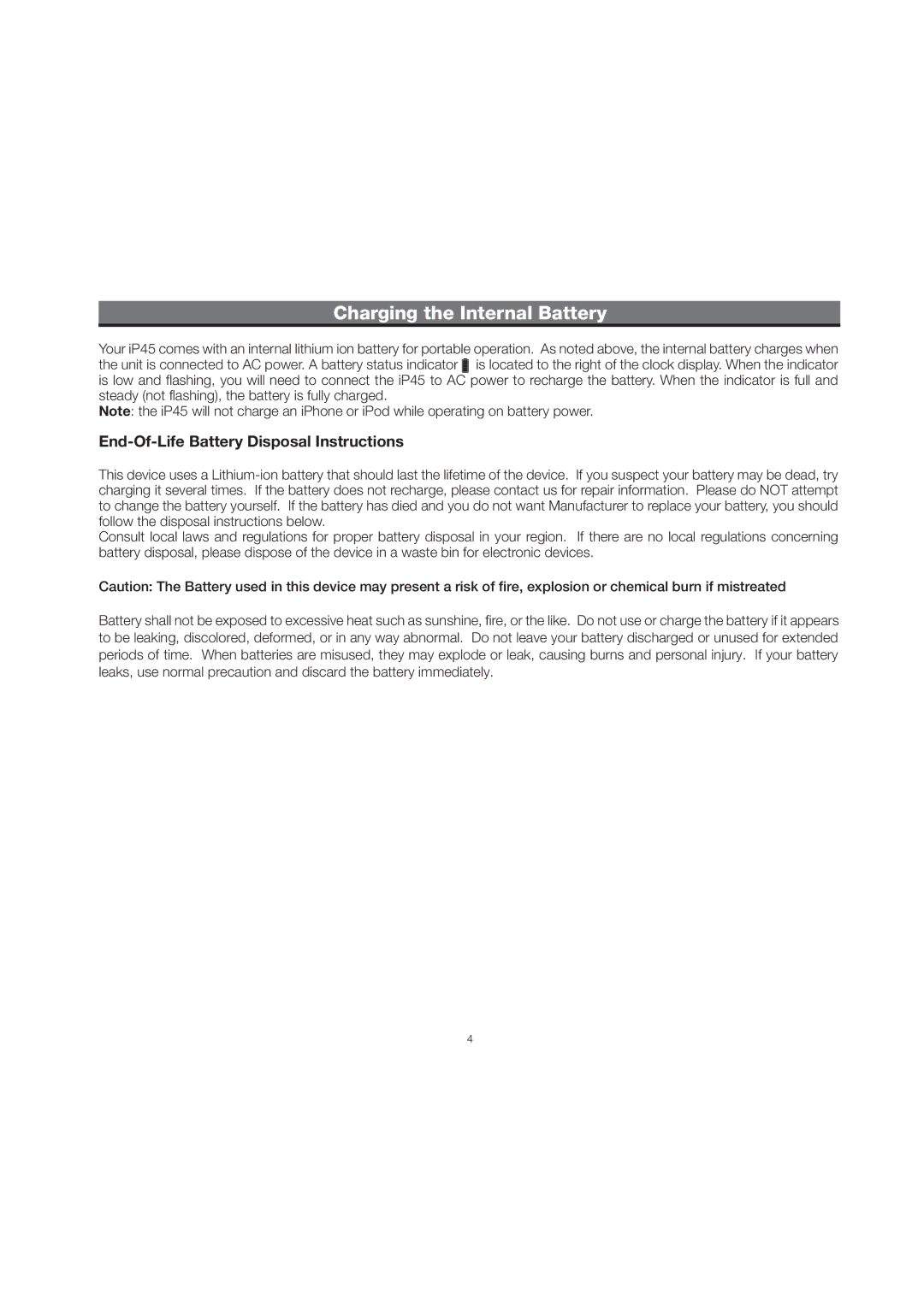 iHome IP45 manual Charging the Internal Battery, End-Of-Life Battery Disposal Instructions 