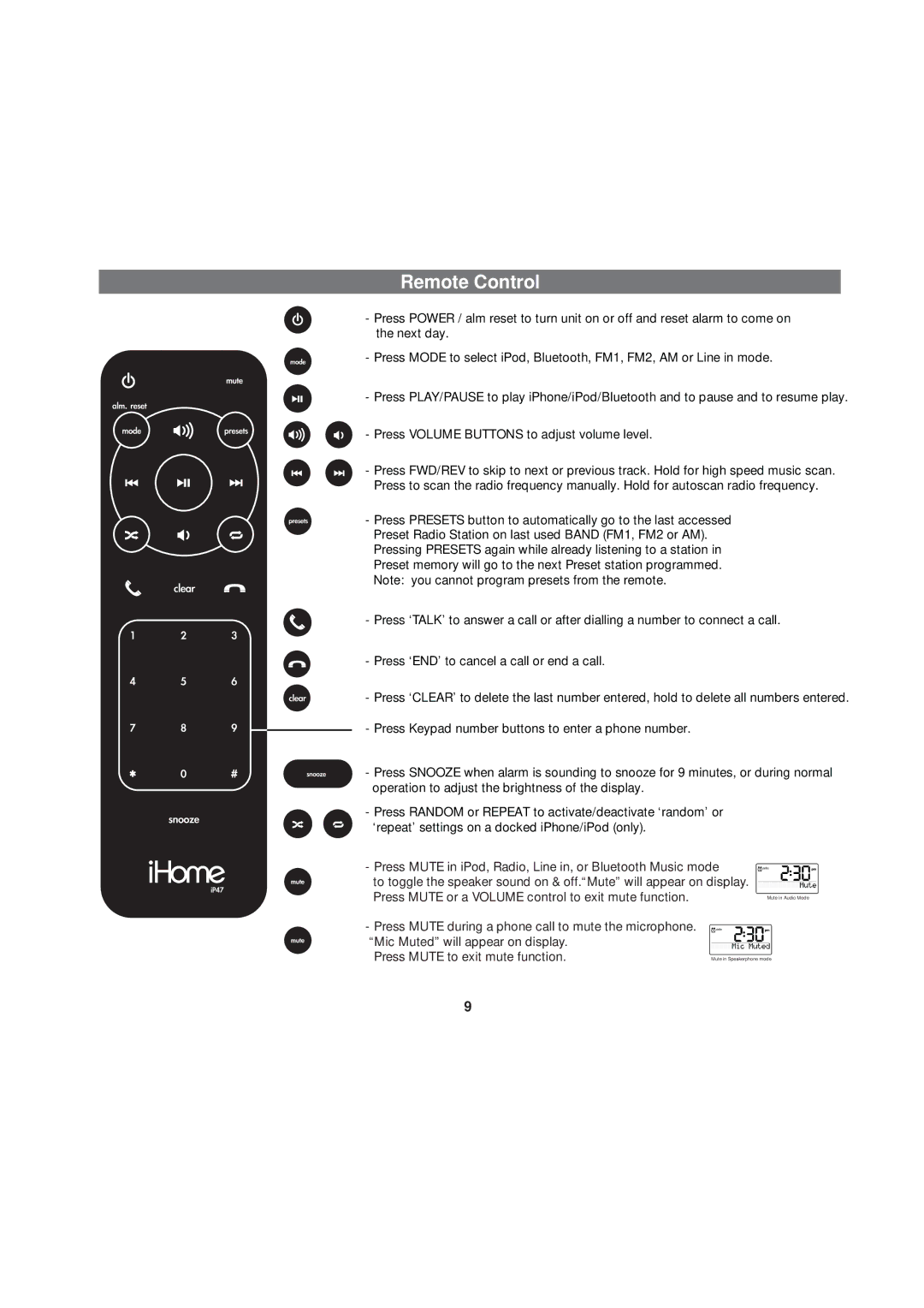 iHome iP47 manual Remote Control 