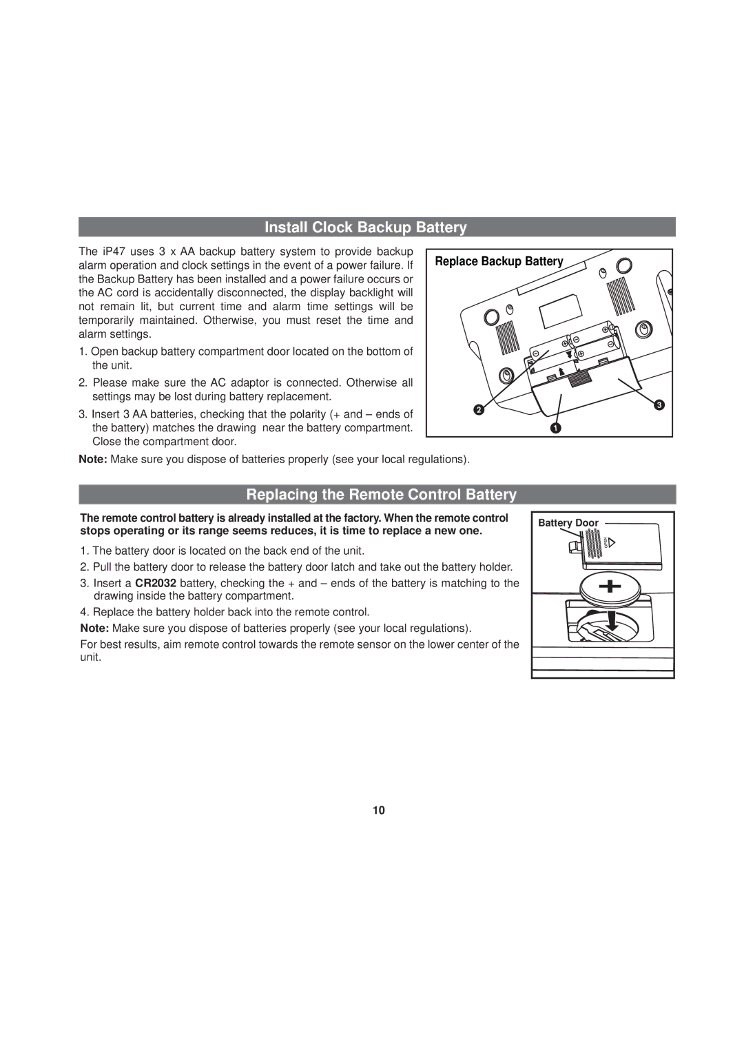 iHome iP47 manual Install Clock Backup Battery, Replacing the Remote Control Battery 