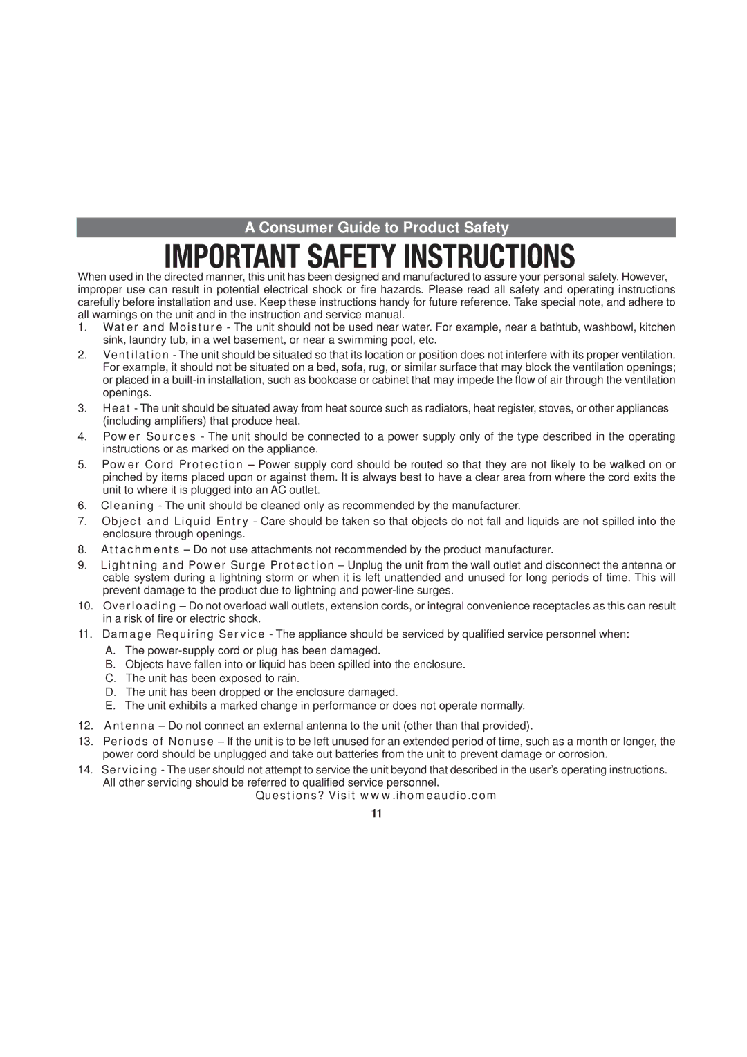 iHome iP47 manual Consumer Guide to Product Safety 