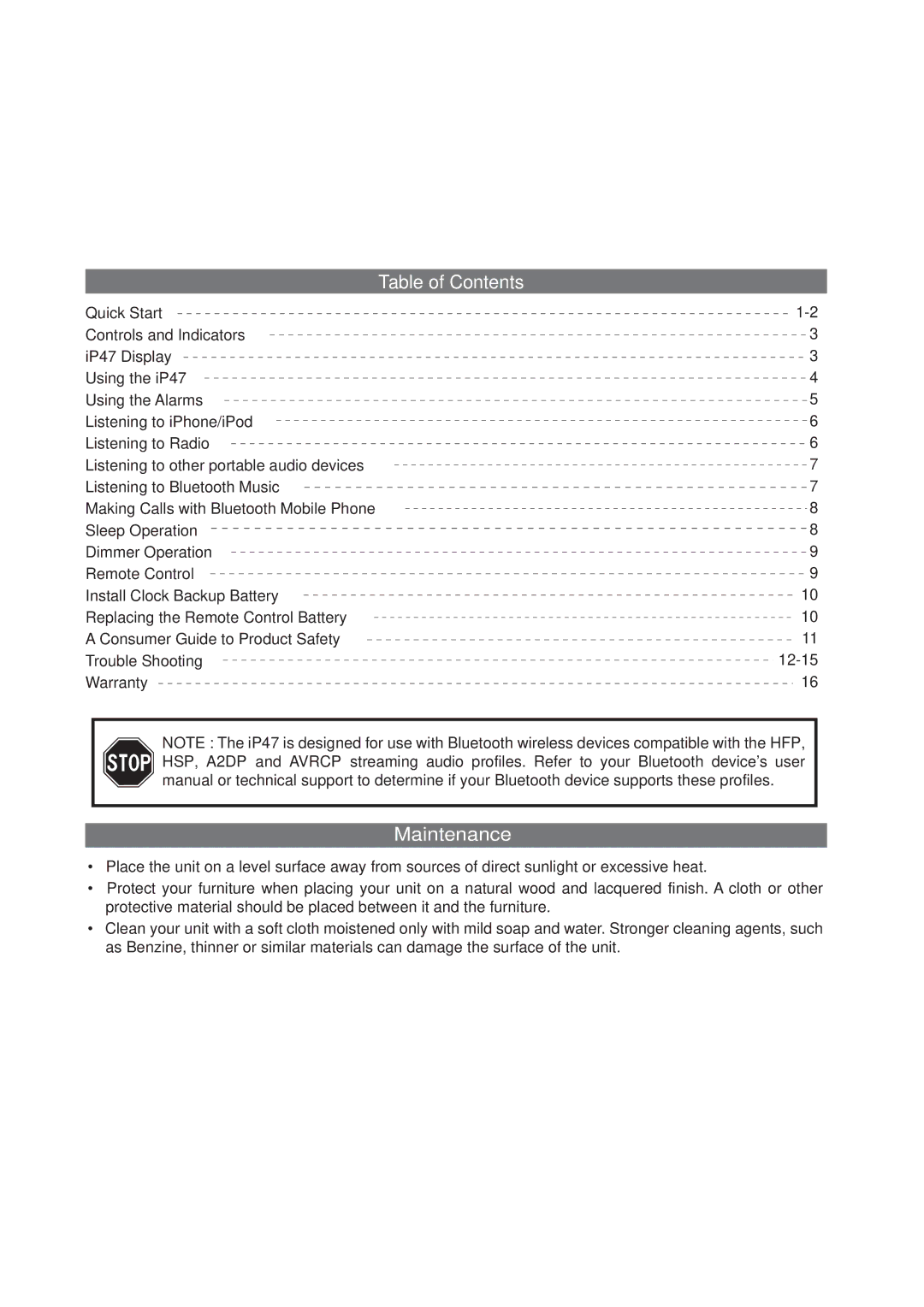 iHome iP47 manual Table of Contents, Maintenance 