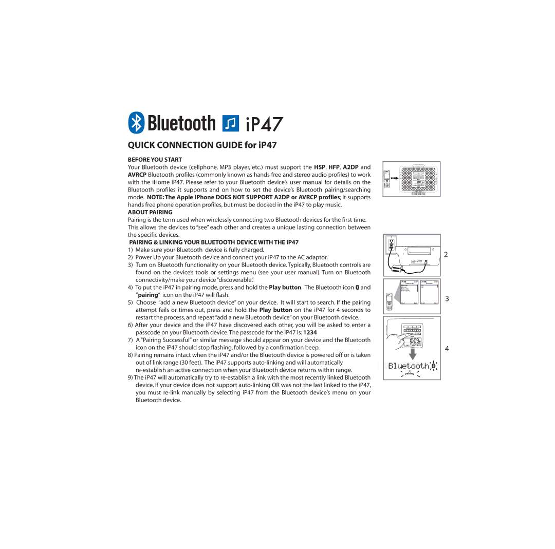 iHome manual IP47, Pairing & Linking Your Bluetooth Device with the iP47 