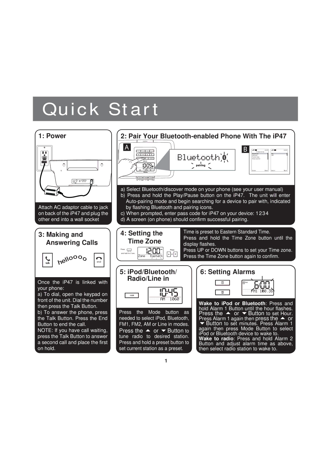 iHome manual Power, Pair Your Bluetooth-enabled Phone With The iP47, Making and Answering Calls, Setting the Time Zone 