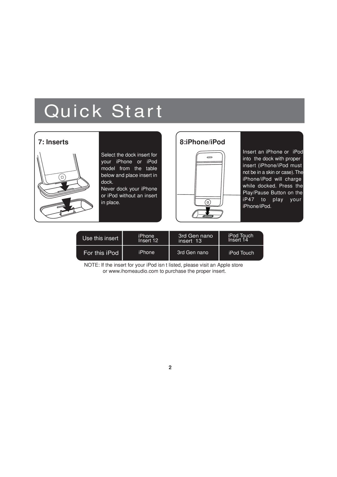 iHome iP47 manual Inserts, 8iPhone/iPod 