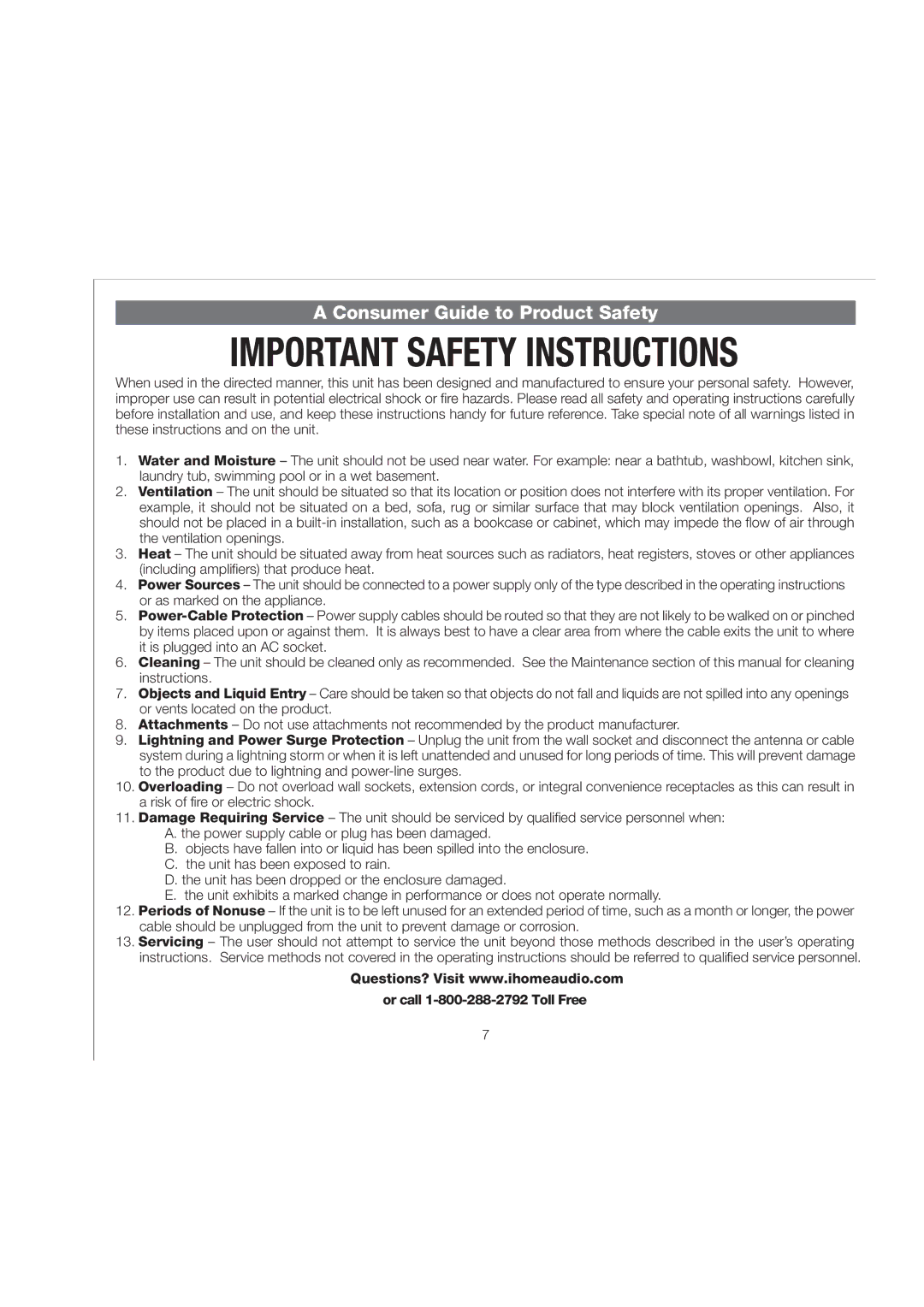 iHome IP48 manual Consumer Guide to Product Safety 