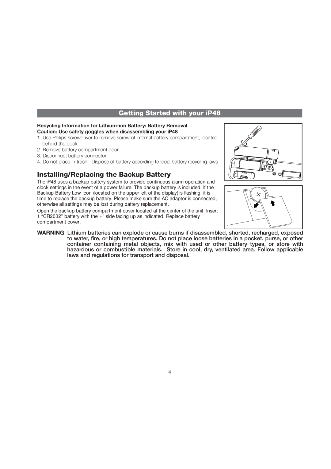 iHome IP48 manual Installing/Replacing the Backup Battery 