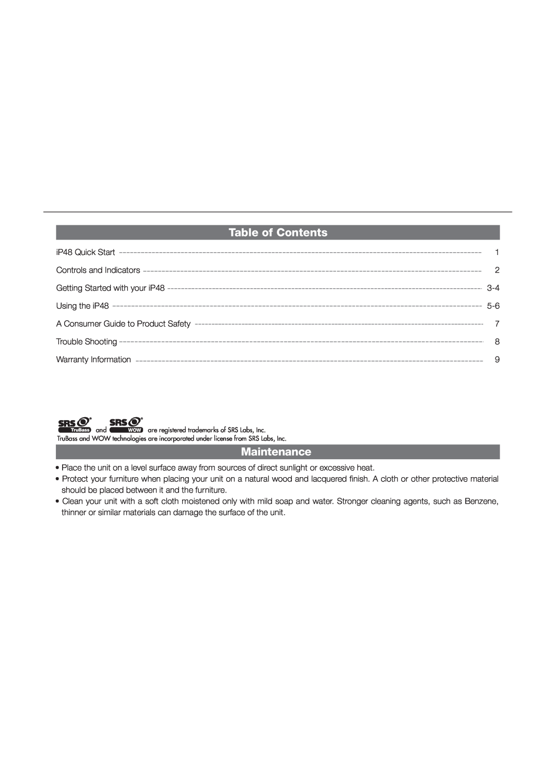 iHome IP48 manual Table of Contents, Maintenance 