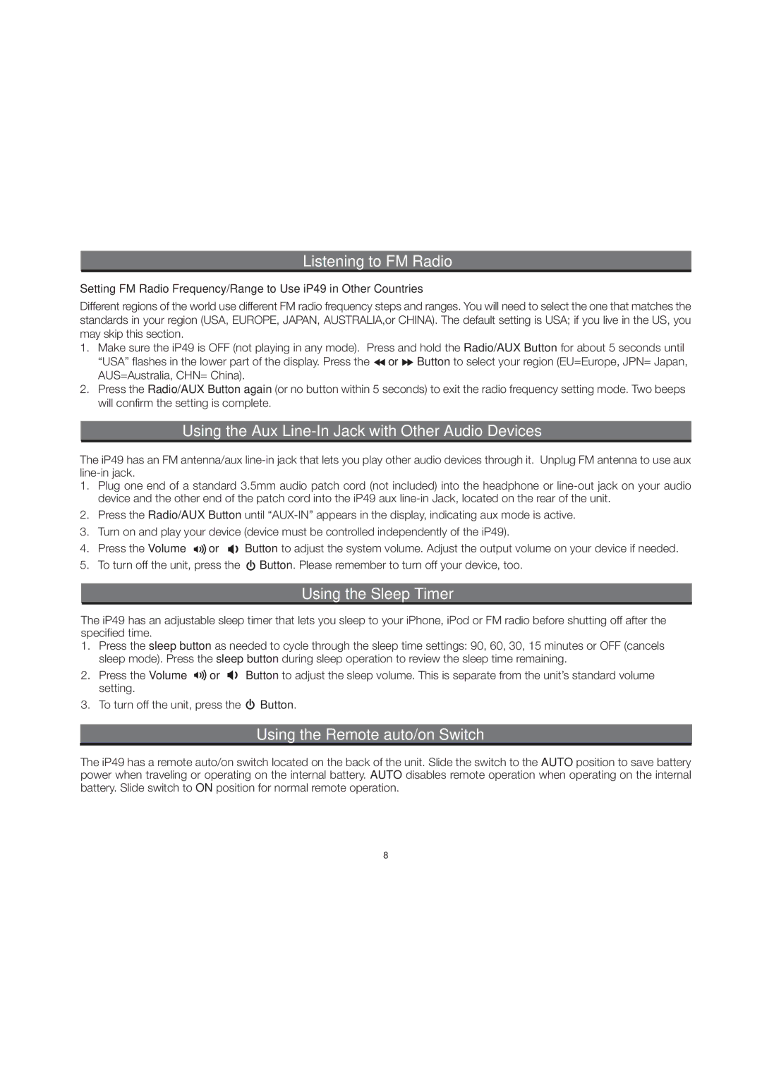 iHome IP49 Using the Aux Line-In Jack with Other Audio Devices, Using the Sleep Timer, Using the Remote auto/on Switch 