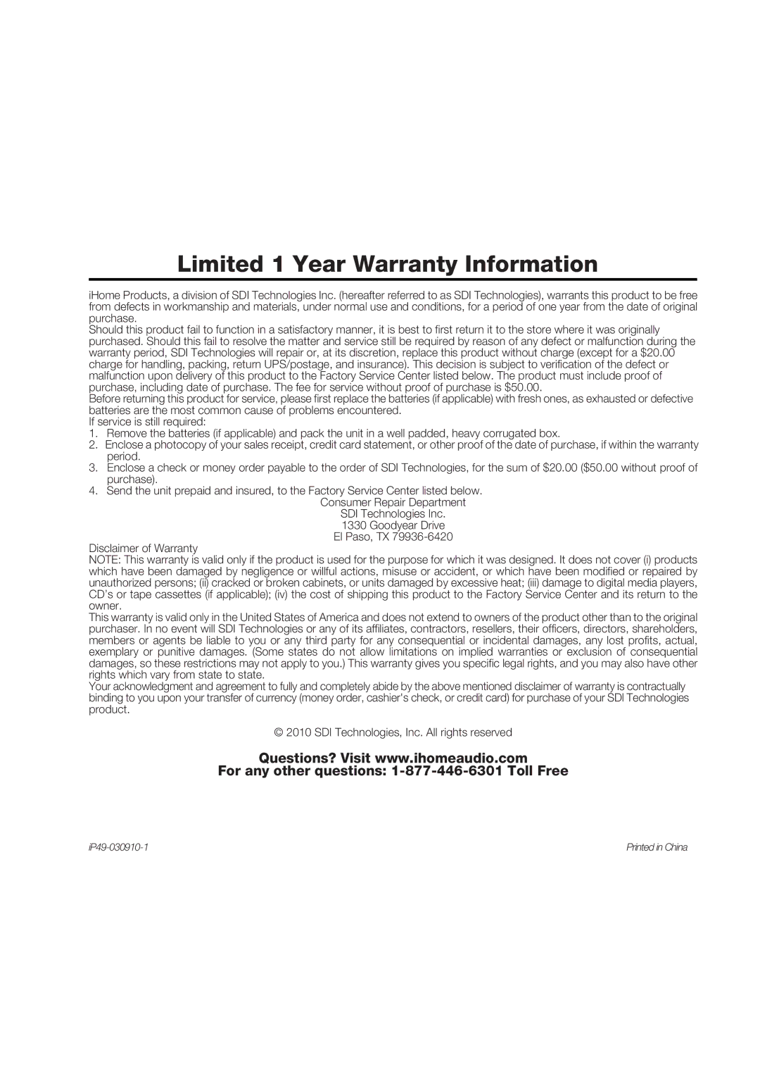 iHome IP49 manual Limited 1 Year Warranty Information 