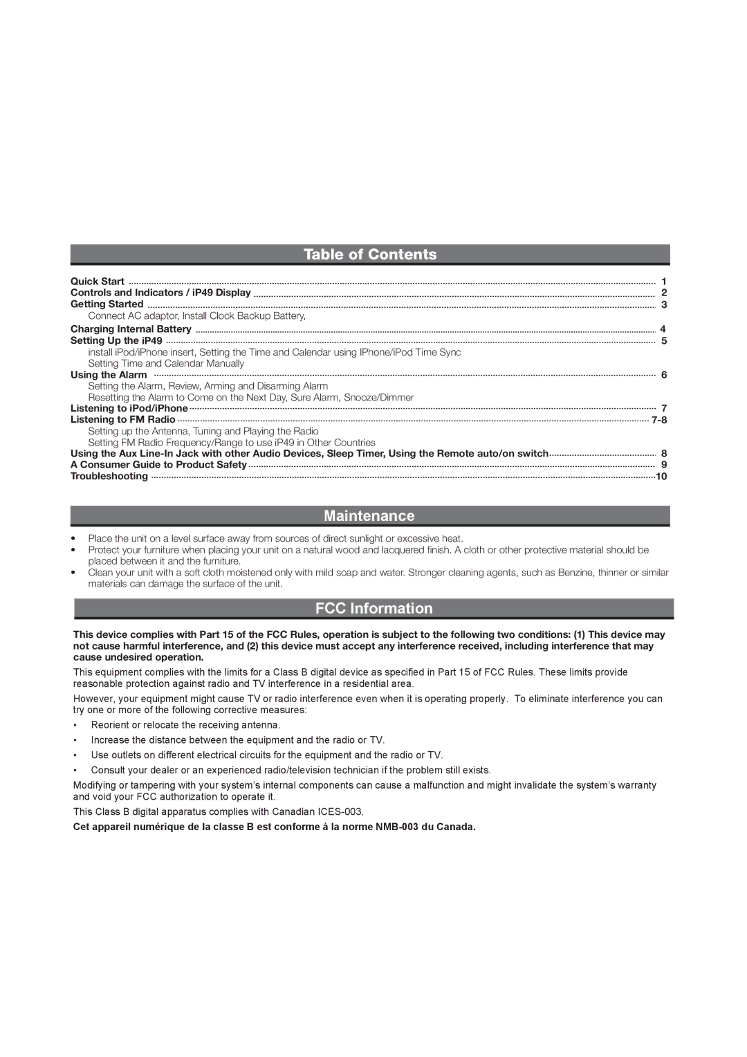 iHome IP49 manual Table of Contents, Maintenance, FCC Information 