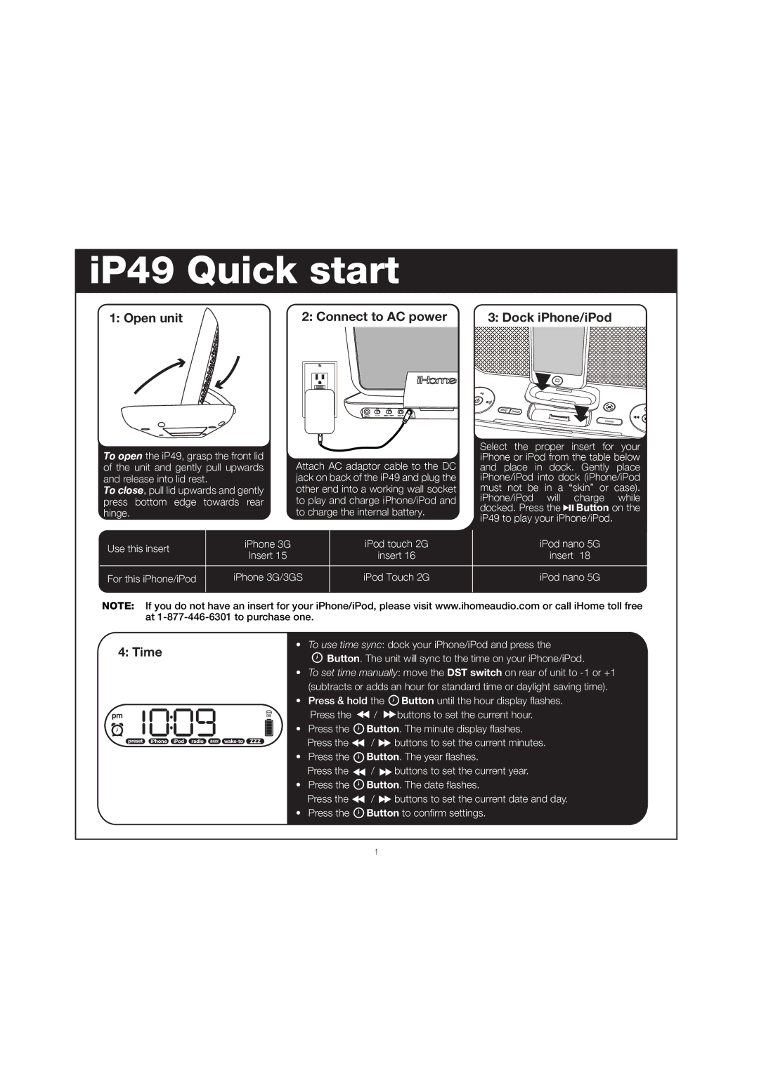 iHome IP49 manual Open unit Connect to AC power Dock iPhone/iPod, Time 