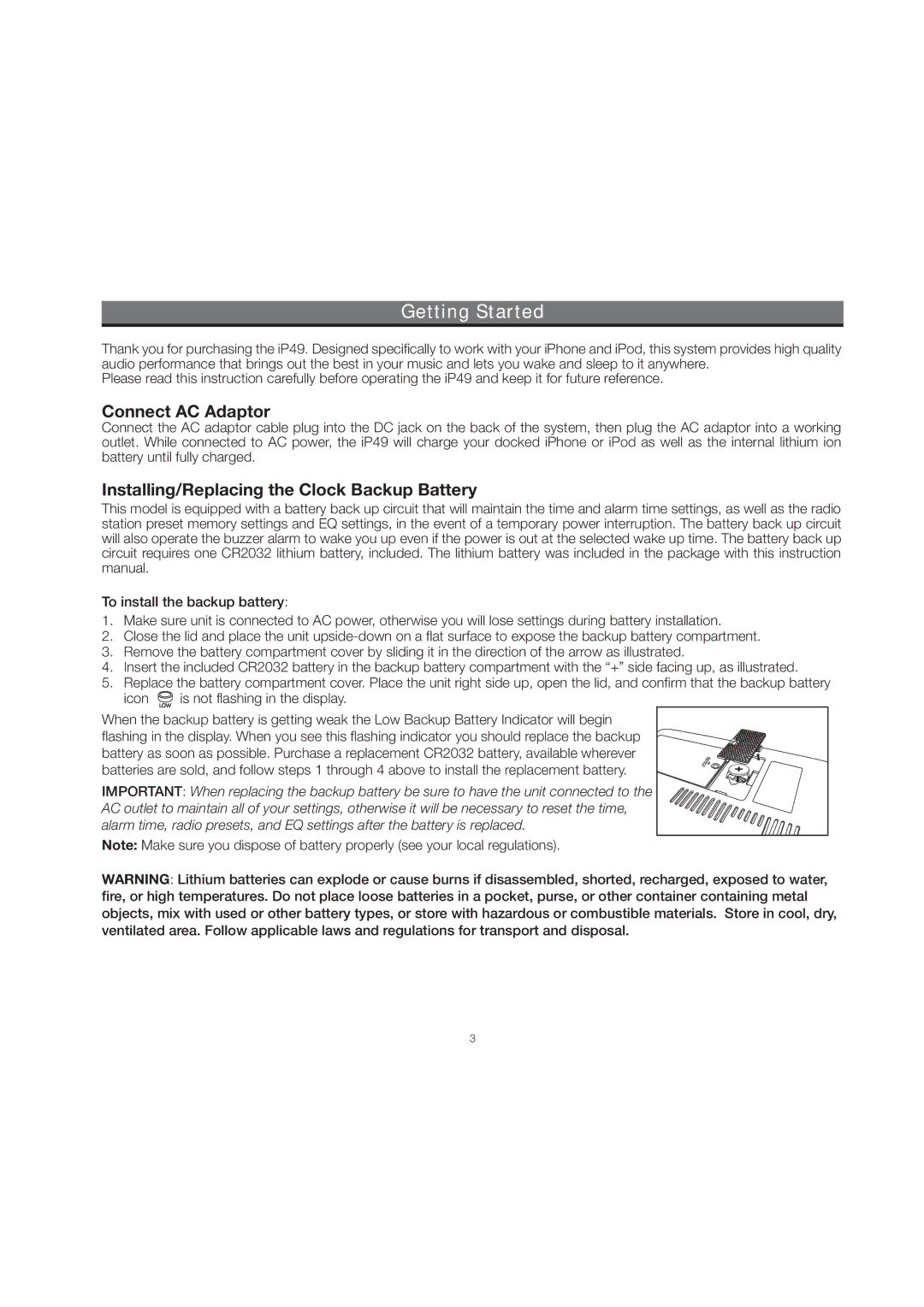 iHome IP49 manual Getting Started, Connect AC Adaptor 