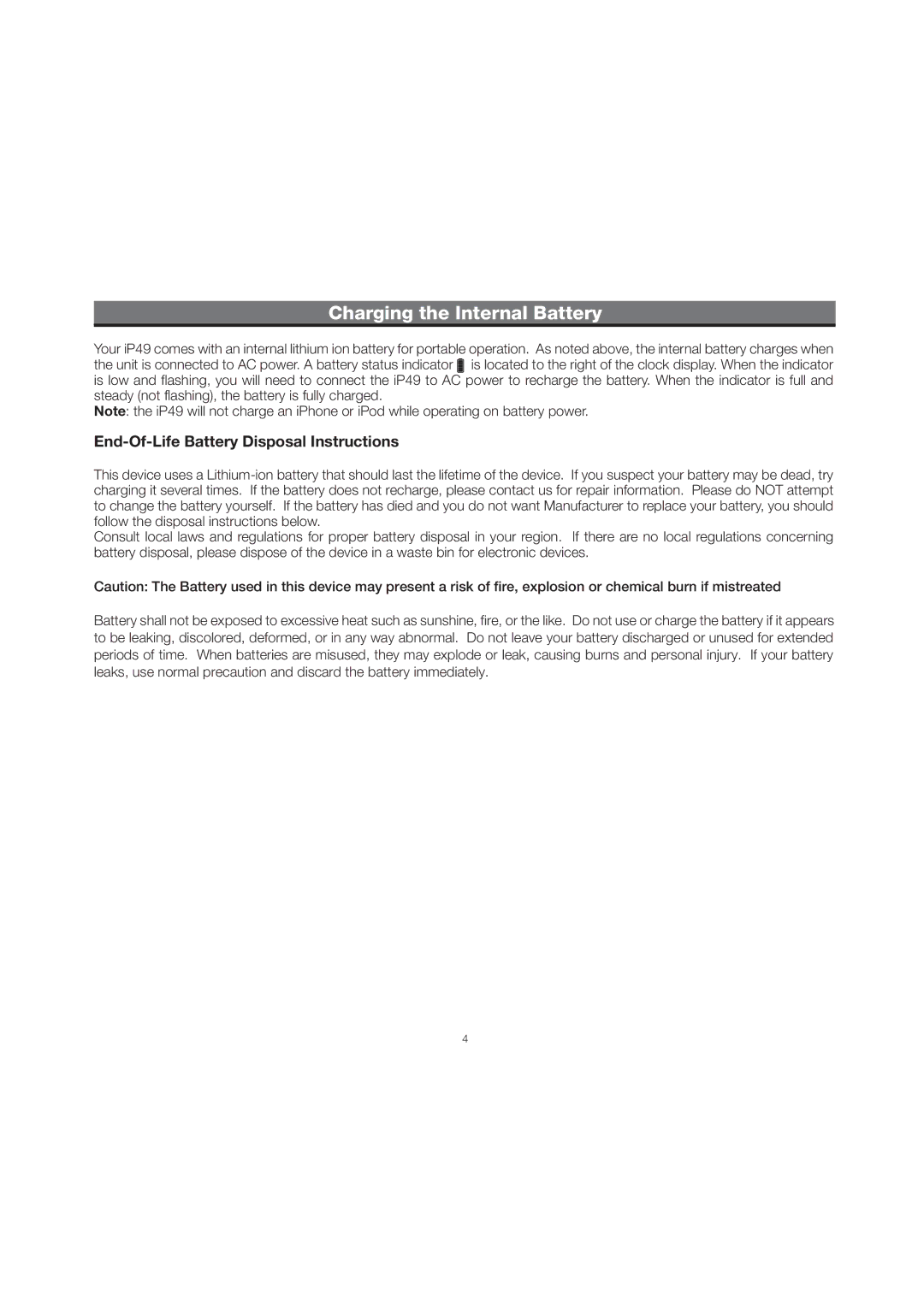 iHome IP49 manual Charging the Internal Battery, End-Of-Life Battery Disposal Instructions 