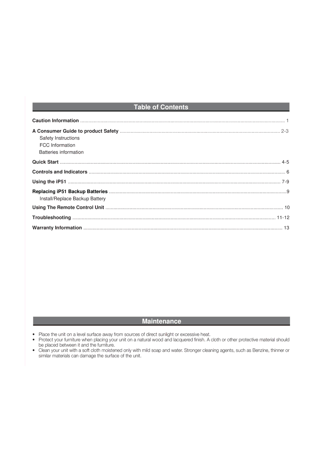 iHome iP51 manual Table of Contents, Maintenance 