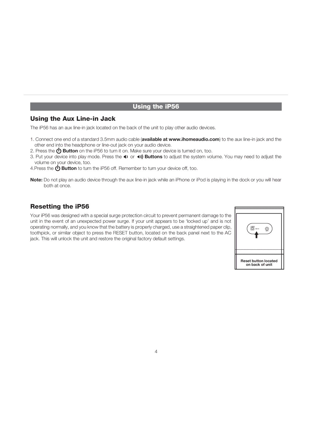 iHome IP56 manual Using the Aux Line-in Jack, Resetting the iP56 