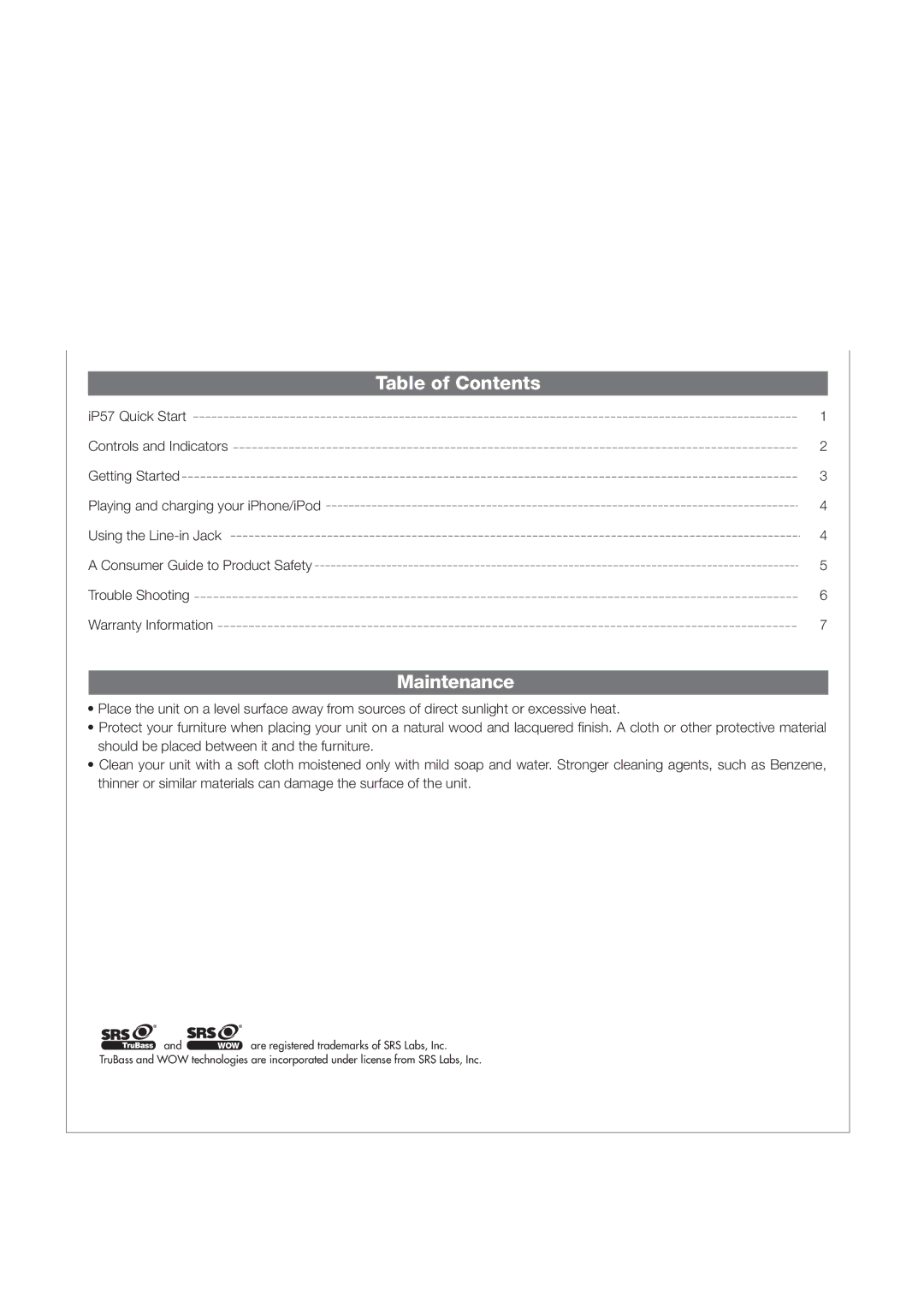 iHome IP57 manual Table ofContents, Maintenance 