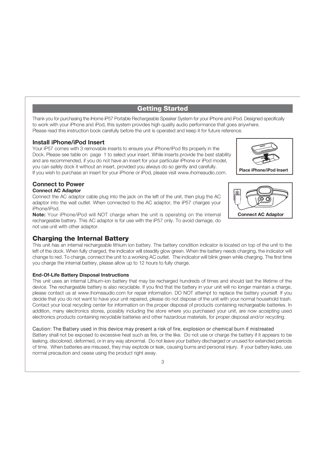 iHome IP57 Getting Started, Charging the Internal Battery, Connect AC Adaptor, End-Of-Life Battery Disposal Instructions 