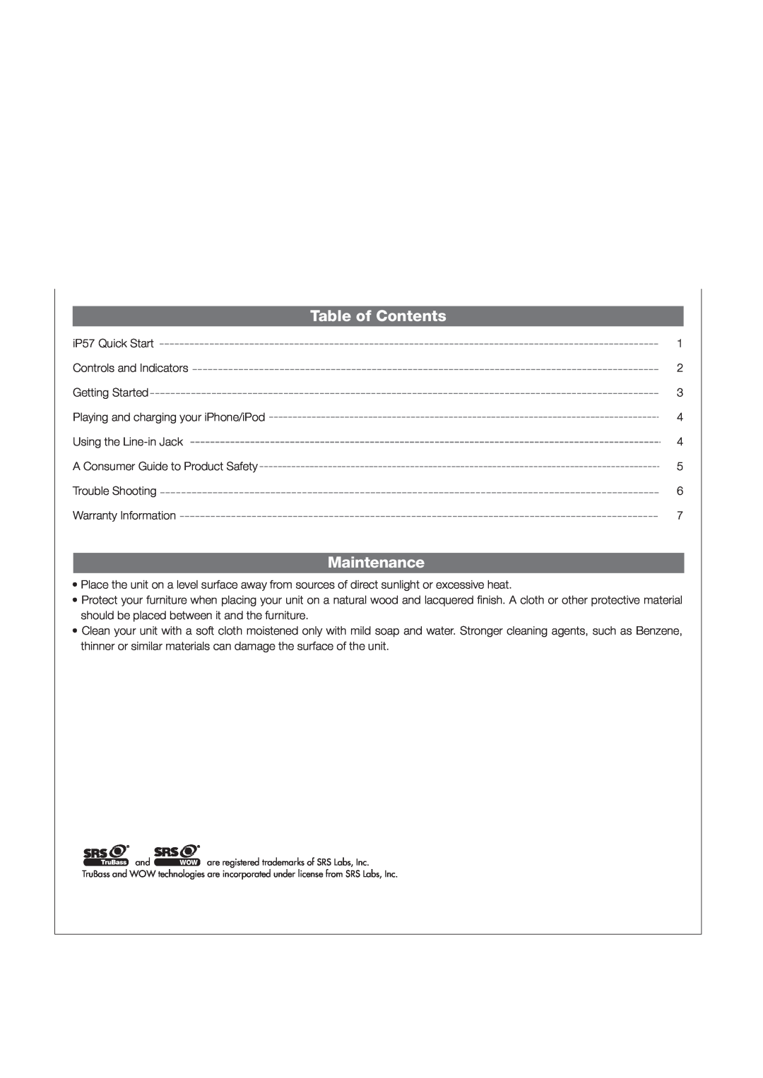 iHome IP57 manual Table ofContents, Maintenance 