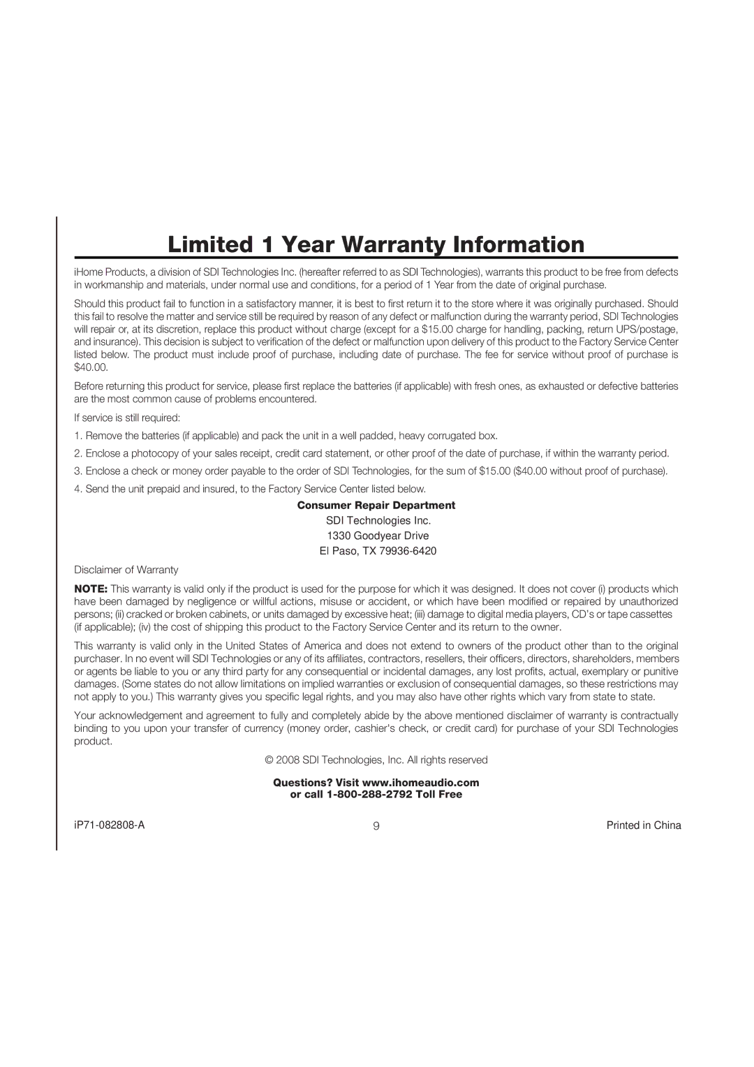 iHome iP71 manual Limited 1 Year Warranty Information 