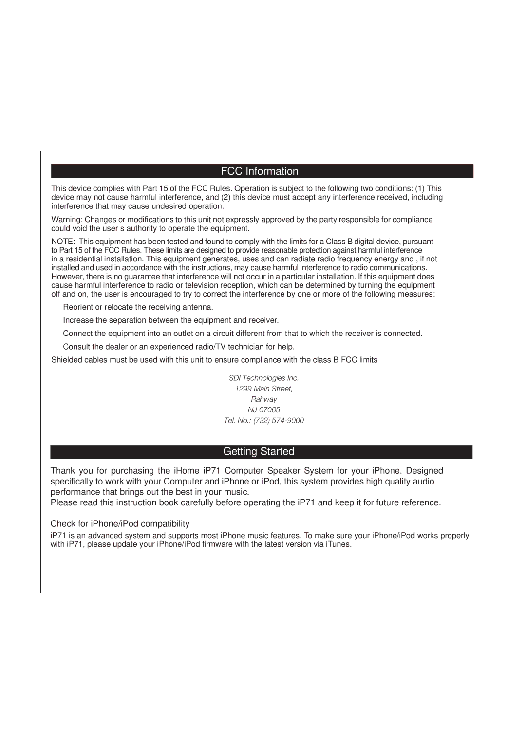 iHome iP71 manual FCC Information, Getting Started 