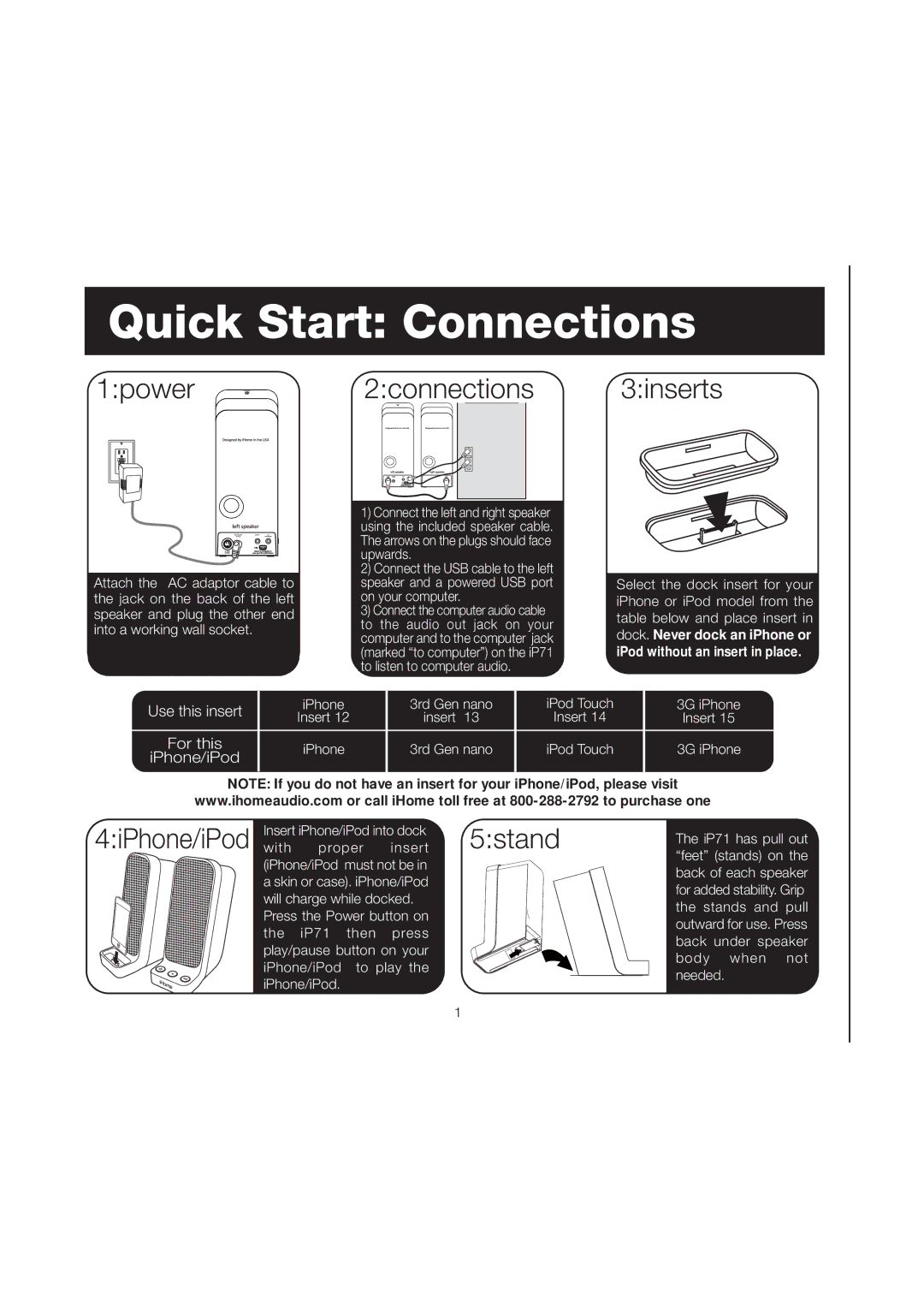 iHome iP71 manual Quick Start Connections 