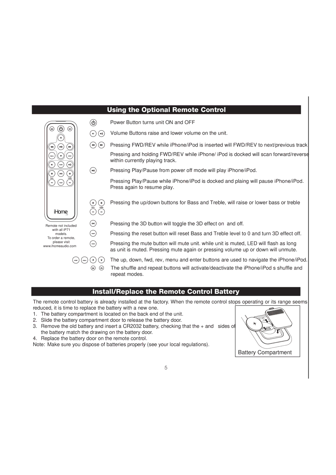 iHome iP71 manual Using the Optional Remote Control, Install/Replace the Remote Control Battery 