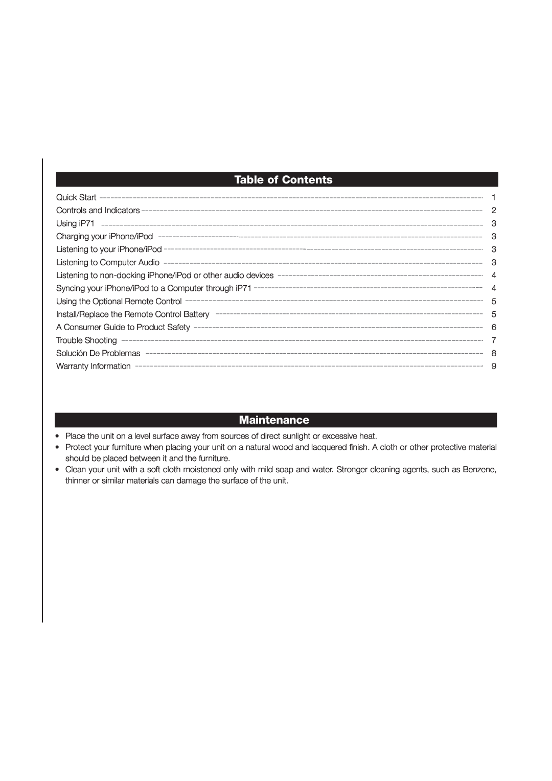 iHome iP71 manual Table of Contents, Maintenance 