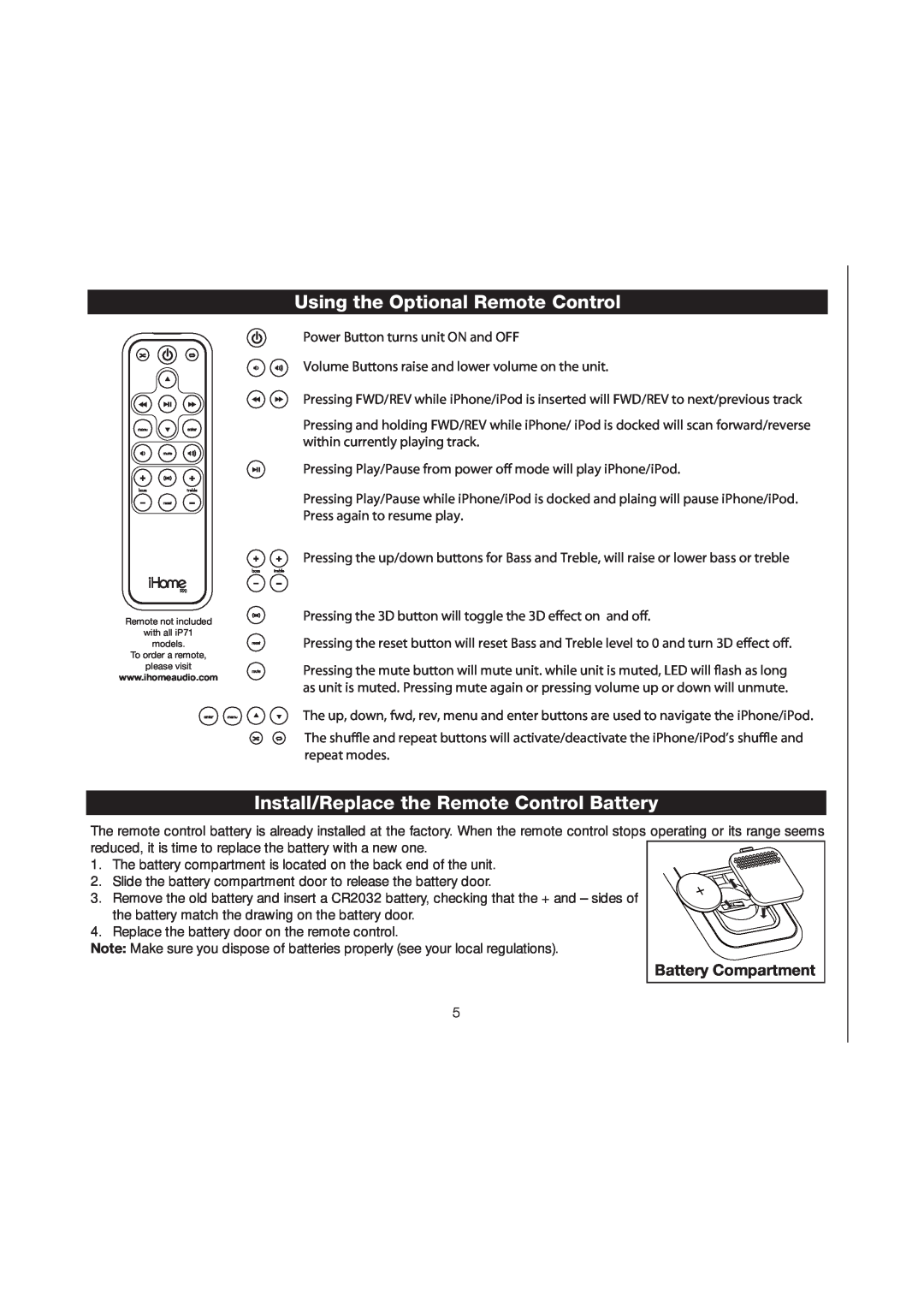 iHome iP71 manual Using the Optional Remote Control, Install/Replace the Remote Control Battery, Battery Compartment 