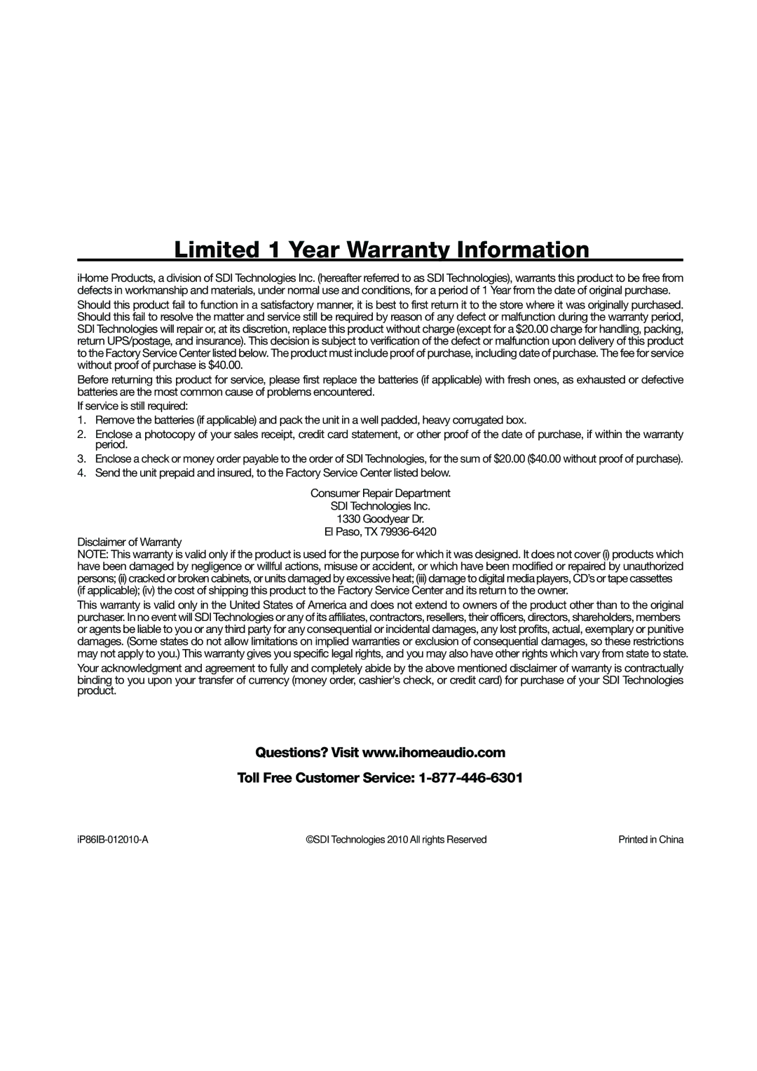 iHome IP86 manual Limited 1 Year Warranty Information 