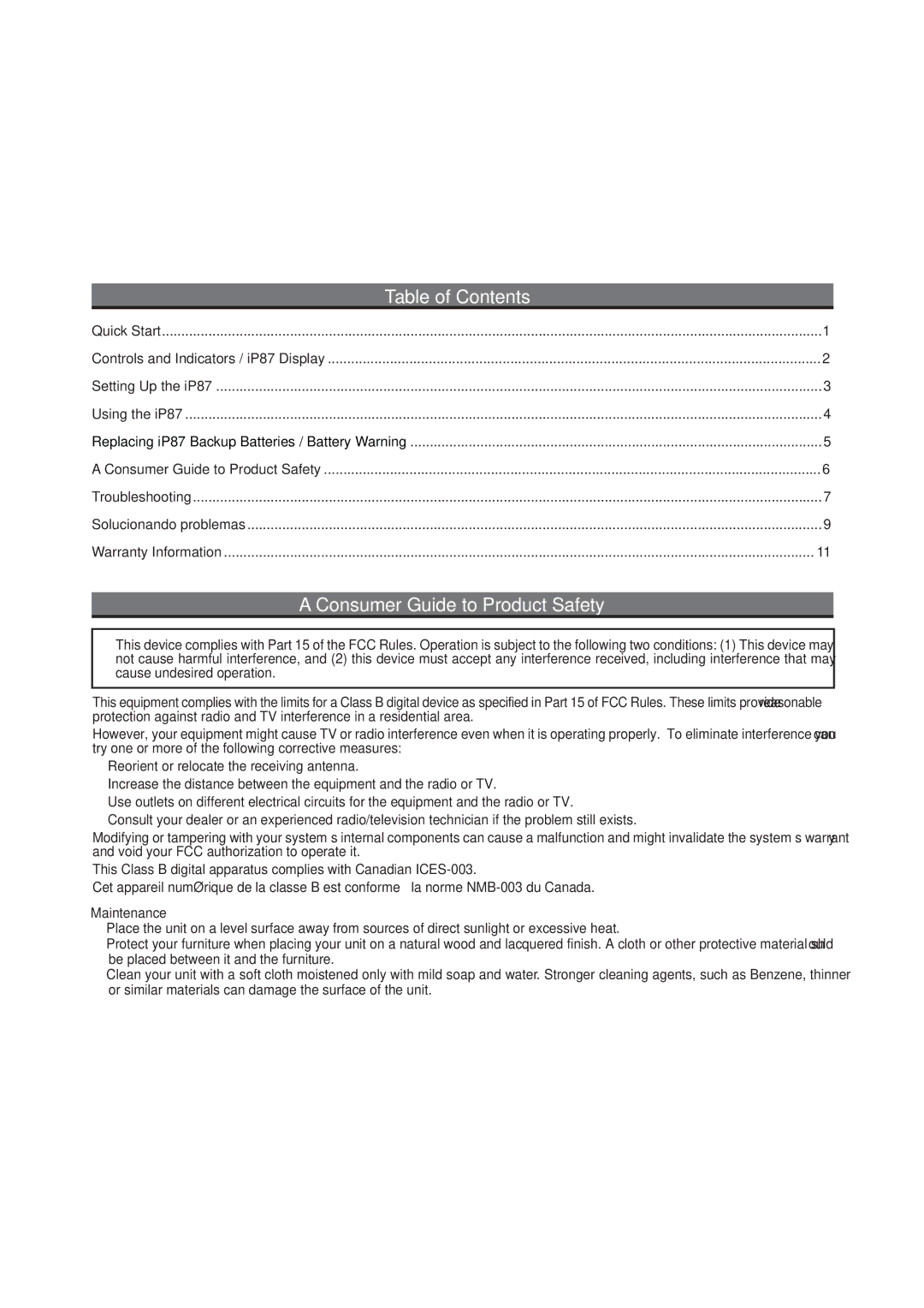 iHome IP87 manual Table of Contents, Consumer Guide to Product Safety 