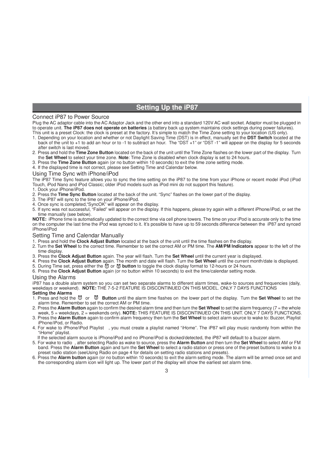 iHome IP87 manual Setting Up the iP87, Connect iP87 to Power Source, Using Time Sync with iPhone/iPod, Using the Alarms 