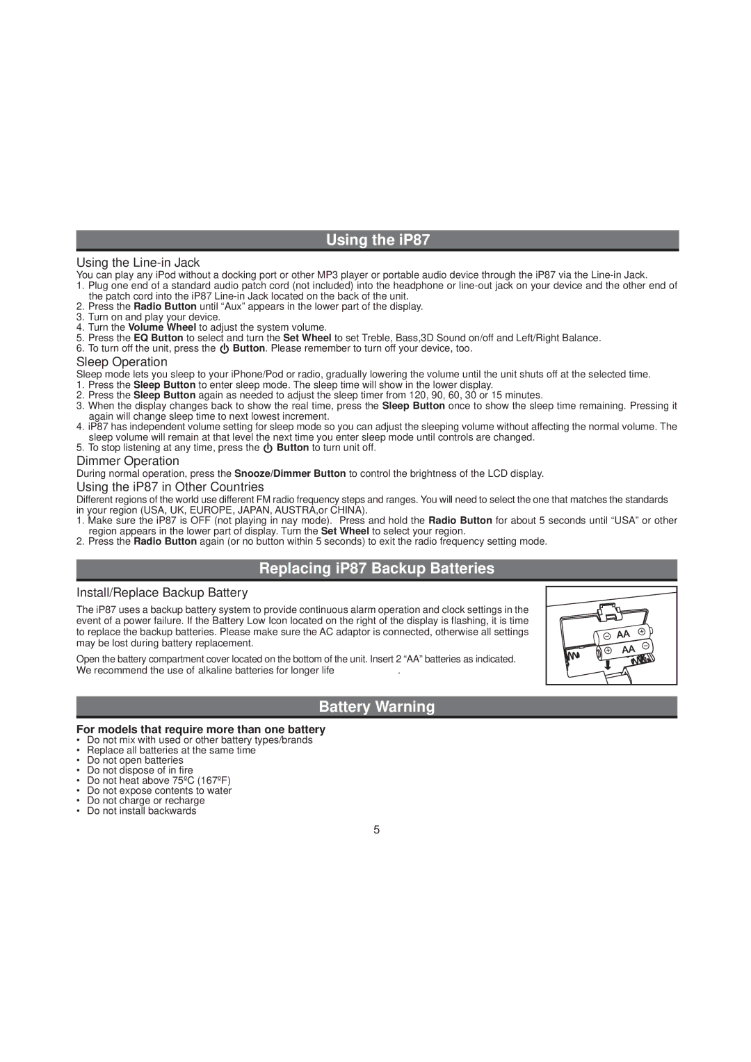 iHome IP87 manual Replacing iP87 Backup Batteries, Battery Warning 