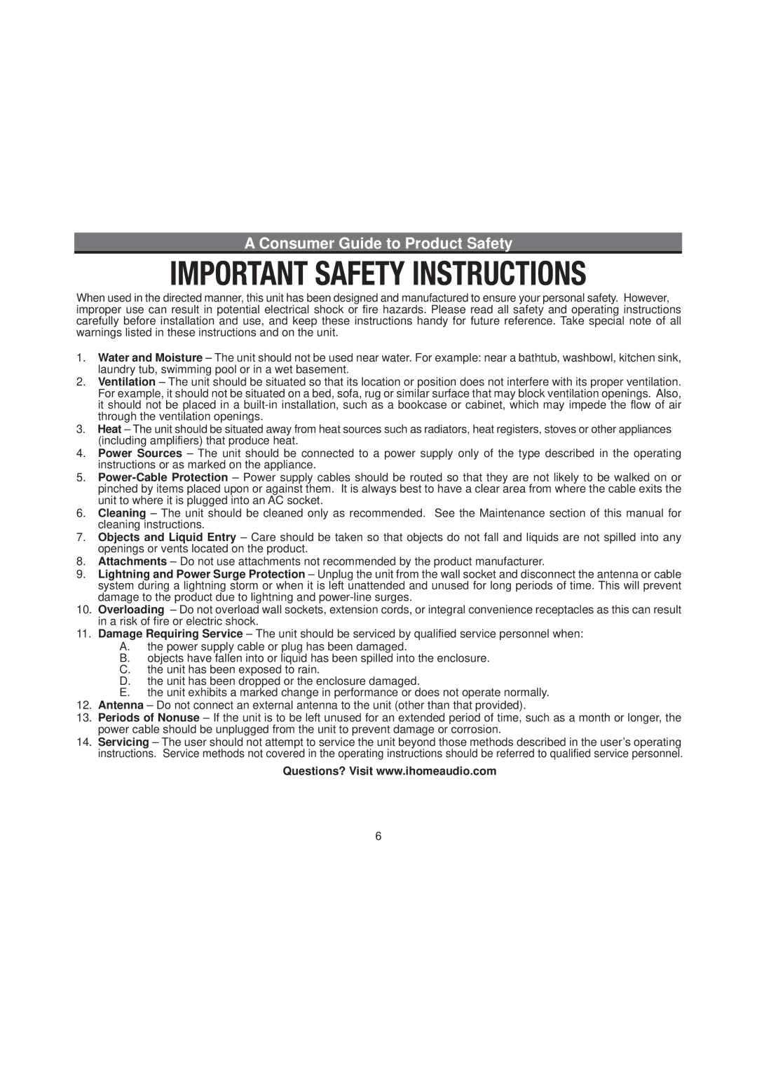 iHome IP87 manual Consumer Guide to Product Safety 