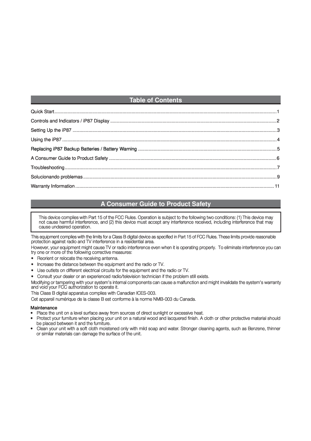 iHome IP87 manual Table of Contents, A Consumer Guide to Product Safety 