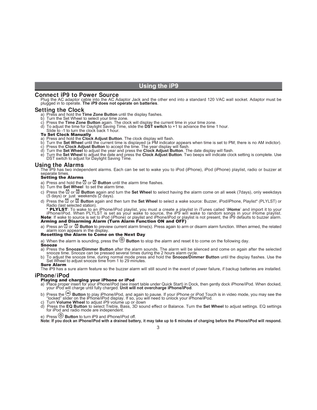 iHome manual Using the iP9, Connect iP9 to Power Source 