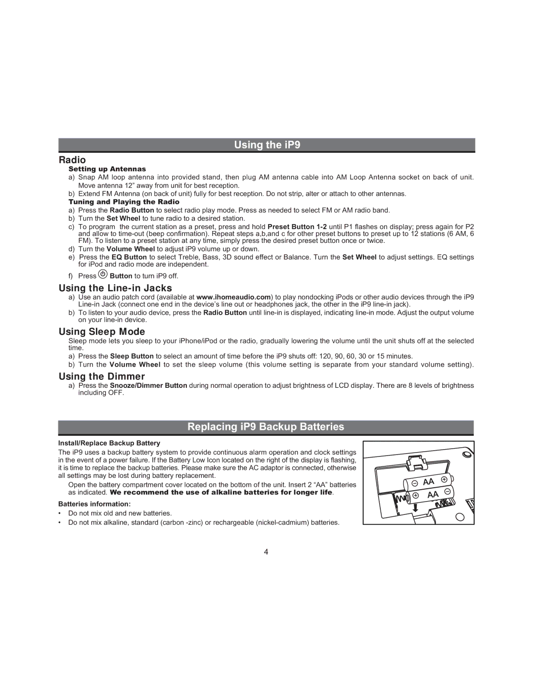 iHome manual Replacing iP9 Backup Batteries, Radio 