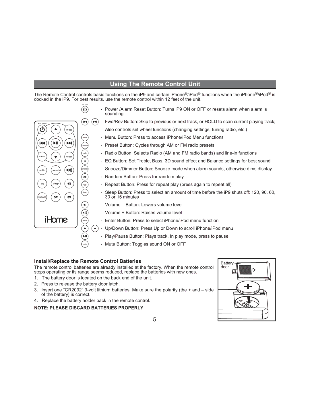 iHome iP9 manual Using The Remote Control Unit, Install/Replace the Remote Control Batteries 