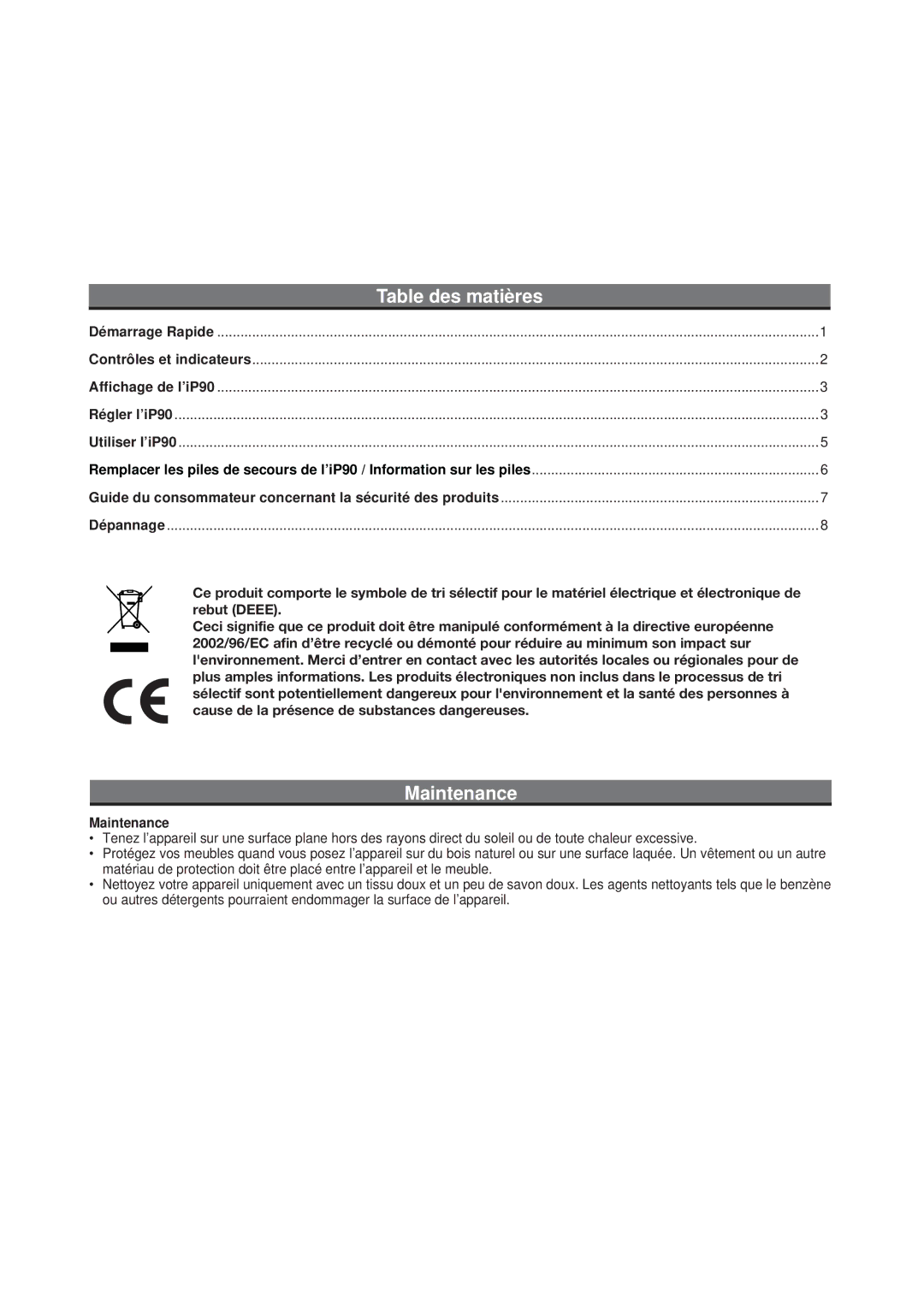 iHome iP90 manual Table des matières, Maintenance 